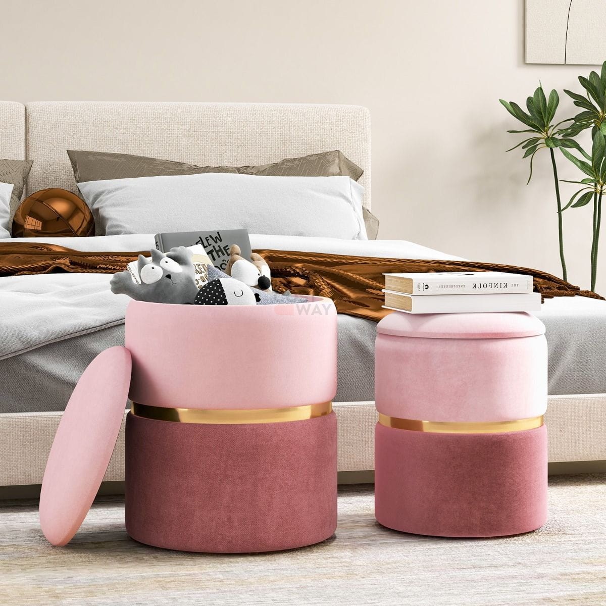 Set von 2 Hockern mit Stauraum aus Samt