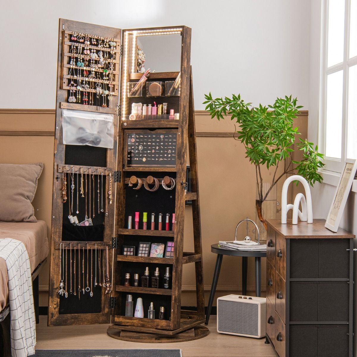 Drehbarer Schmuckschrank mit Spiegel und LED-Beleuchtung