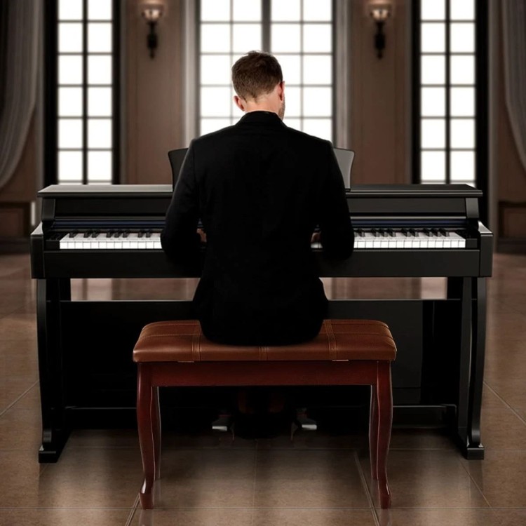 Drewniany stołek do pianina z wyściełaną poduszką i schowkiem na akcesoria