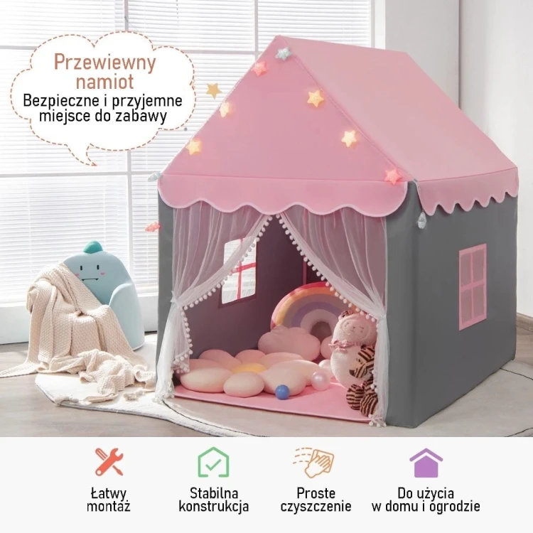 Domek dla dzieci z ramą z PCV z bawełnianą matą podłogową i świecącymi gwiazdkami