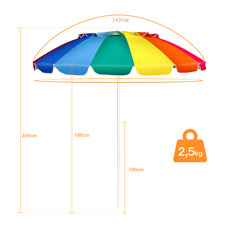 Parasol plażowy regulowany z ochroną UPF 50+ 2,2 x 2,45 m