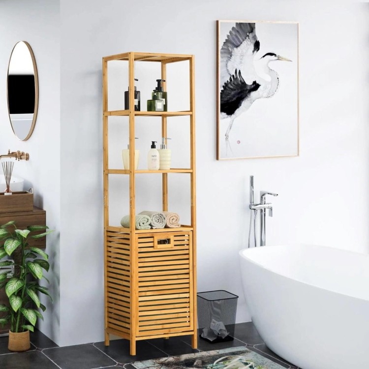 Bambusowy organizer z chowanym koszem na pranie 40 x 33 x 160 cm