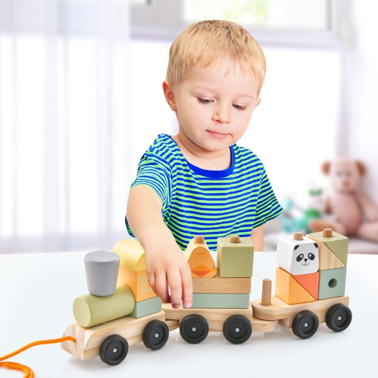 Drewniany pociąg dla dzieci z 2 wagonami 14 klocków