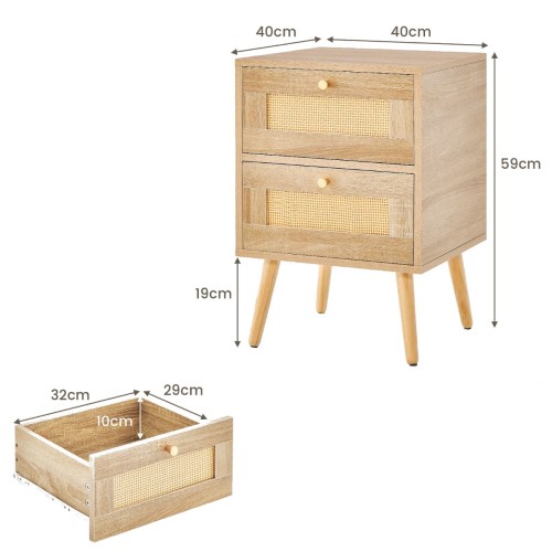 Rattanowa szafka nocna w stylu boho z 2 szufladami
