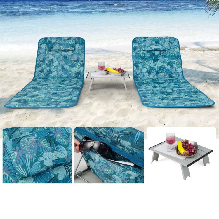 Zestaw leżak plażowy 2 szt maty plażowe ze stołem