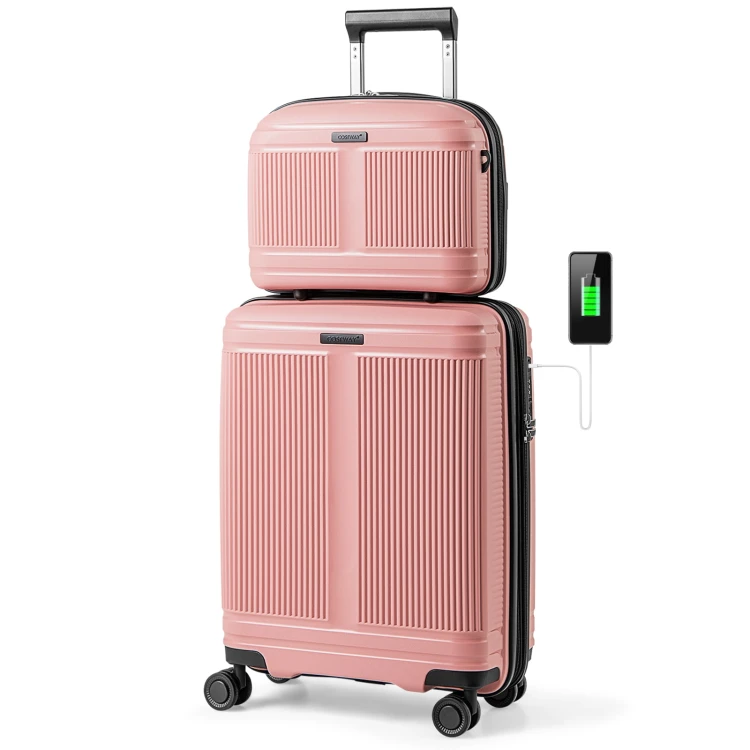 costway2tlggepcksetinkl20handgepckkoffer14kosmetikkofferpphartschalengepckmittsaschlossusbanschluss360rollenerweiterbaresreisekofferhandgepckrosa_1752124300081_image_2.jpg