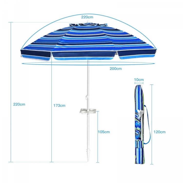 Parasol plażowy regulowany z uchwytem i ochroną UPF 50+ 2,2 x 2m